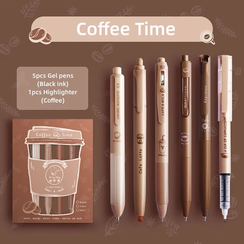 6PC Kawaii Coffee Time Gel Pens Highlighter Set-my kawaii office