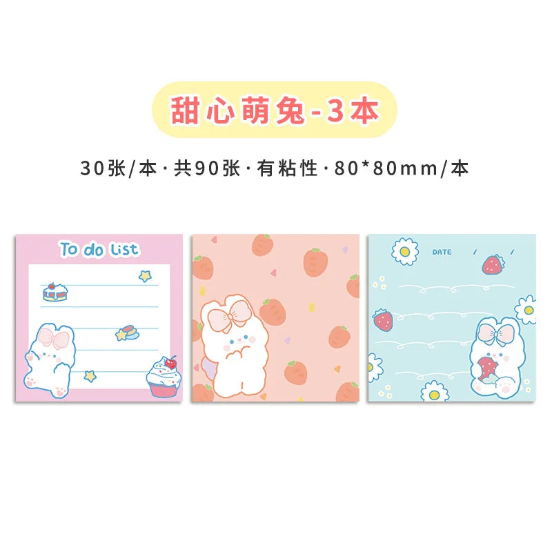 3 Pack Kawaii Rabbit Bear Memo Pad Sticky Notes