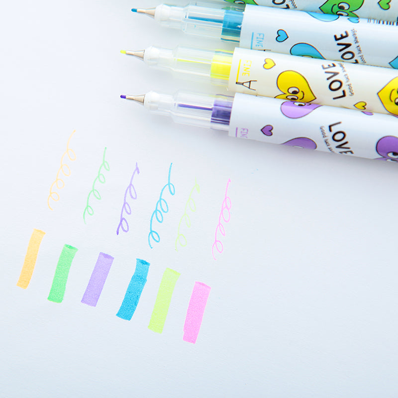 6PC Kawaii Colorful Hearts Double Head Highlighter