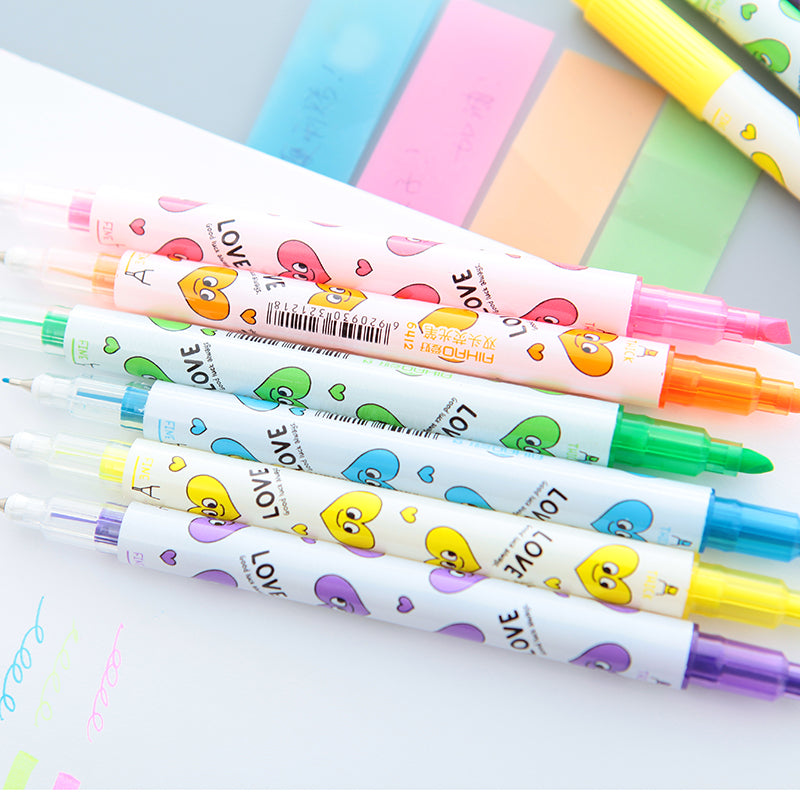 6PC Kawaii Colorful Hearts Double Head Highlighter