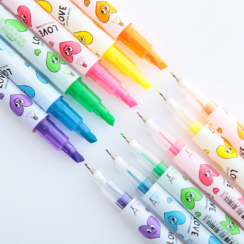 6PC Kawaii Colorful Hearts Double Head Highlighter