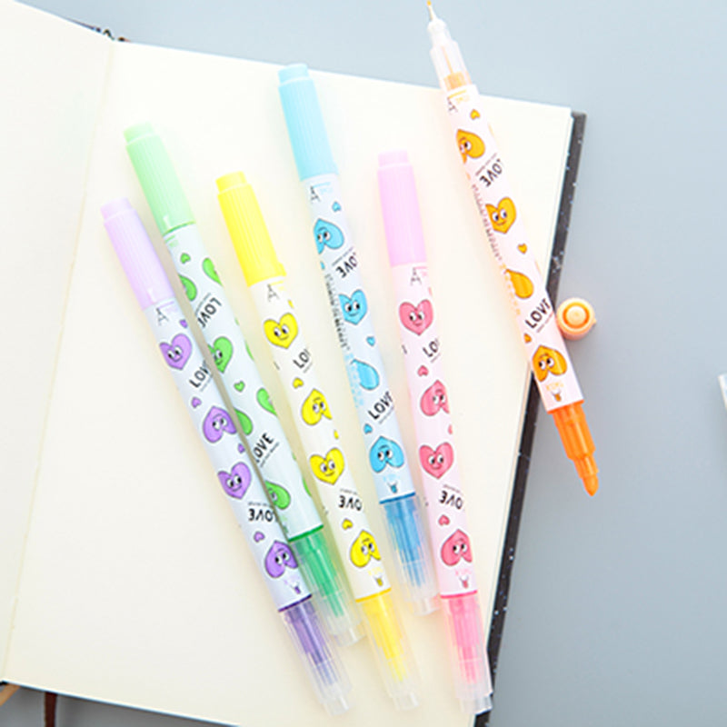 6PC Kawaii Colorful Hearts Double Head Highlighter