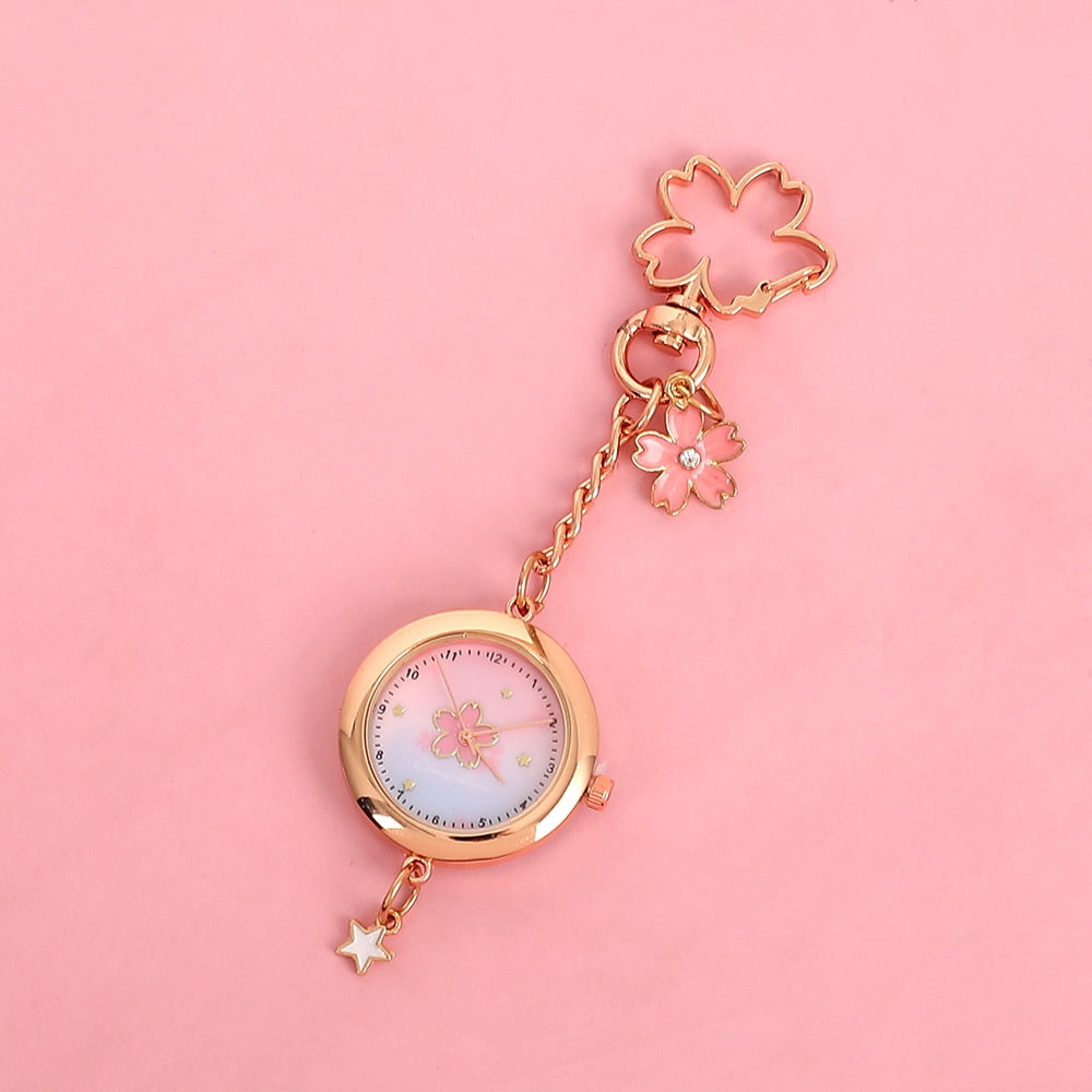 1PC Kawaii Sakura Pocket Watch Keychain Pendant