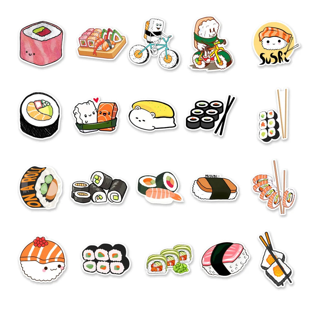 50PC Fun Kawaii Sushi Waterproof Stickers