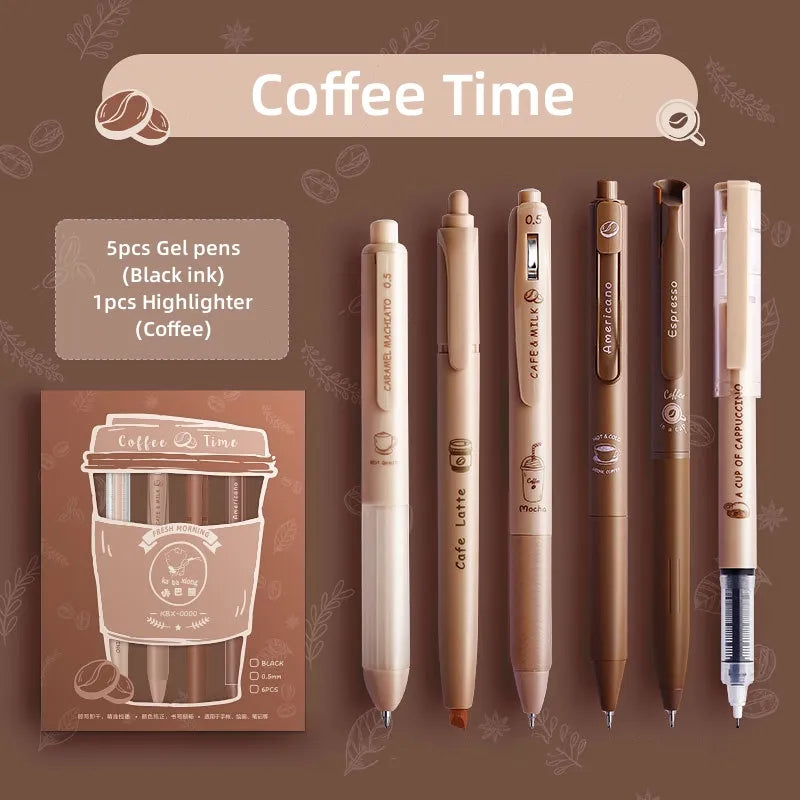 6PC Kawaii Coffee Time Gel Pens Highlighter Set