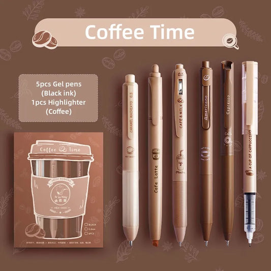 6PC Kawaii Coffee Time Gel Pens Highlighter Set