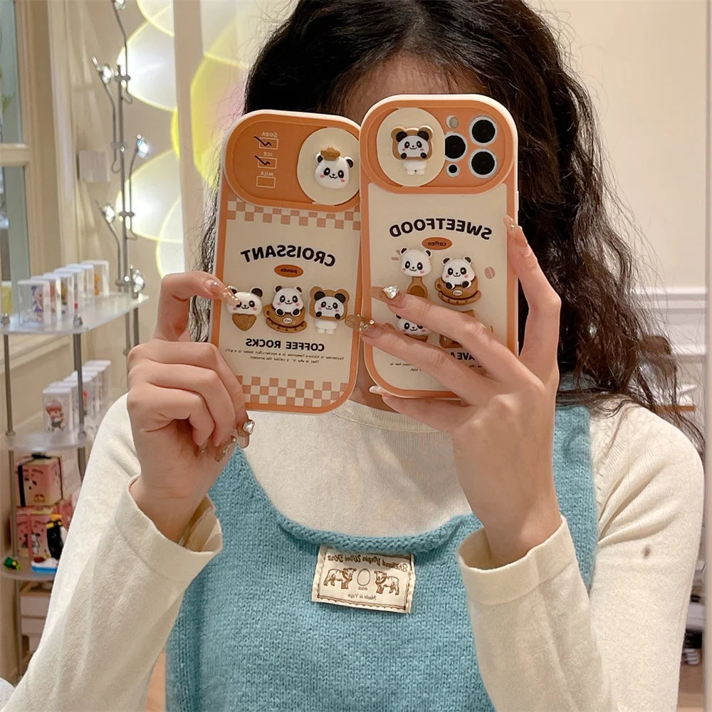 1PC Kawaii 3D Bear Panda Phone Case For iPhone with Slide Camera Lens Cover
