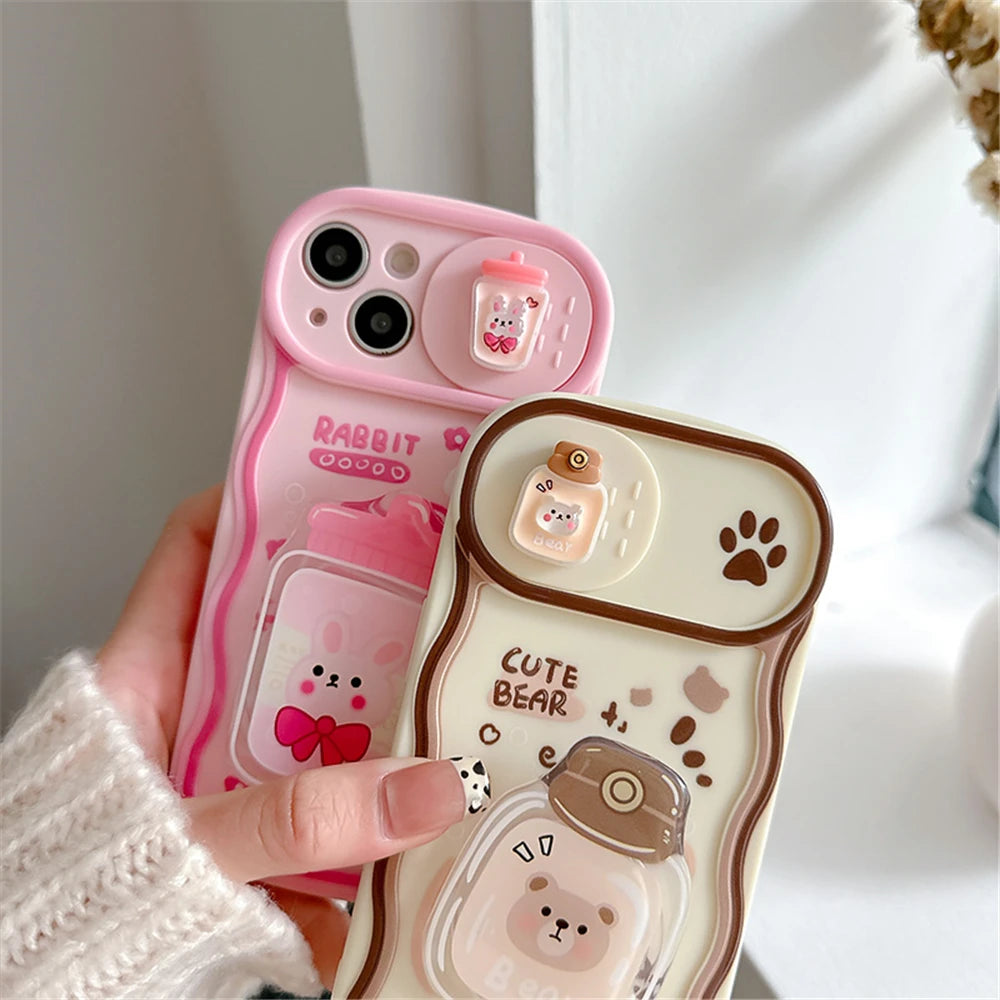 1PC Kawaii 3D Drink Bear Rabbit Phone Case For iPhone