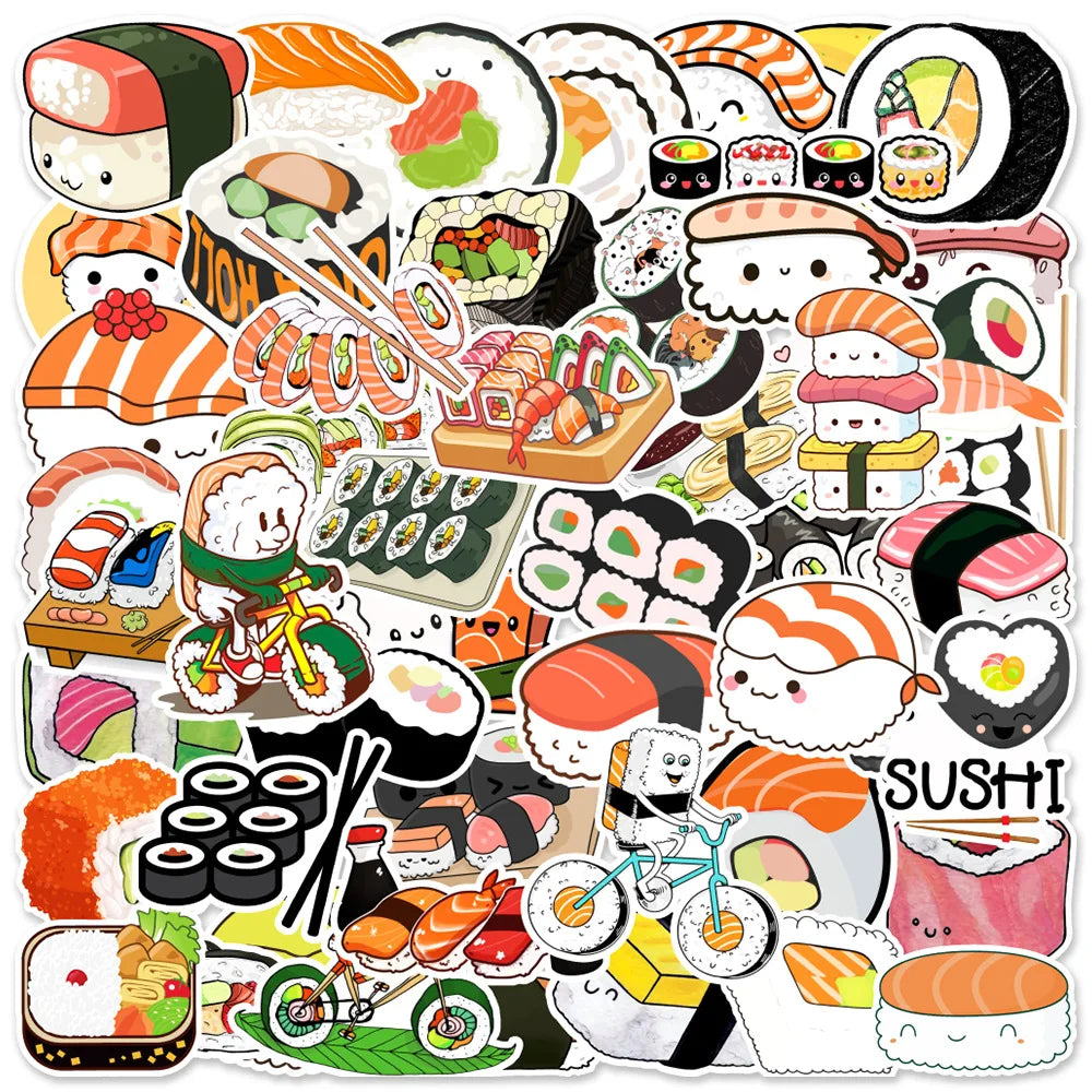 50PC Fun Kawaii Sushi Waterproof Stickers