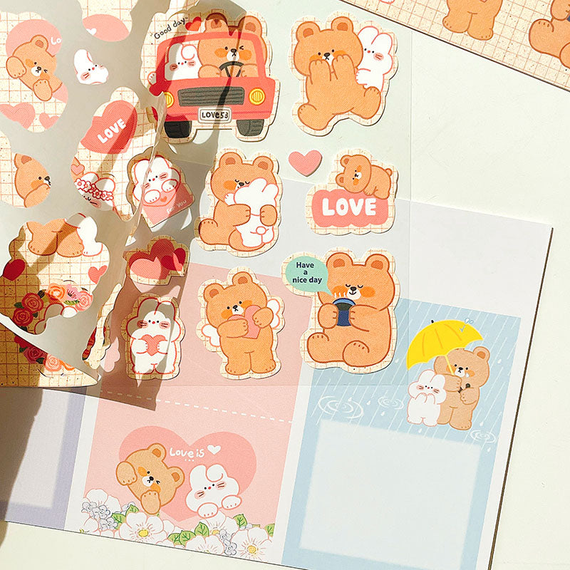 1PC Kawaii Rabbit Bear Happy Couple Journal Stickers