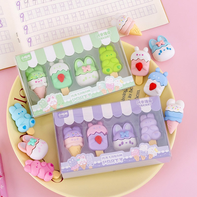 4PC Set Kawaii Animals Shape Ice Cream Rubber Eraser