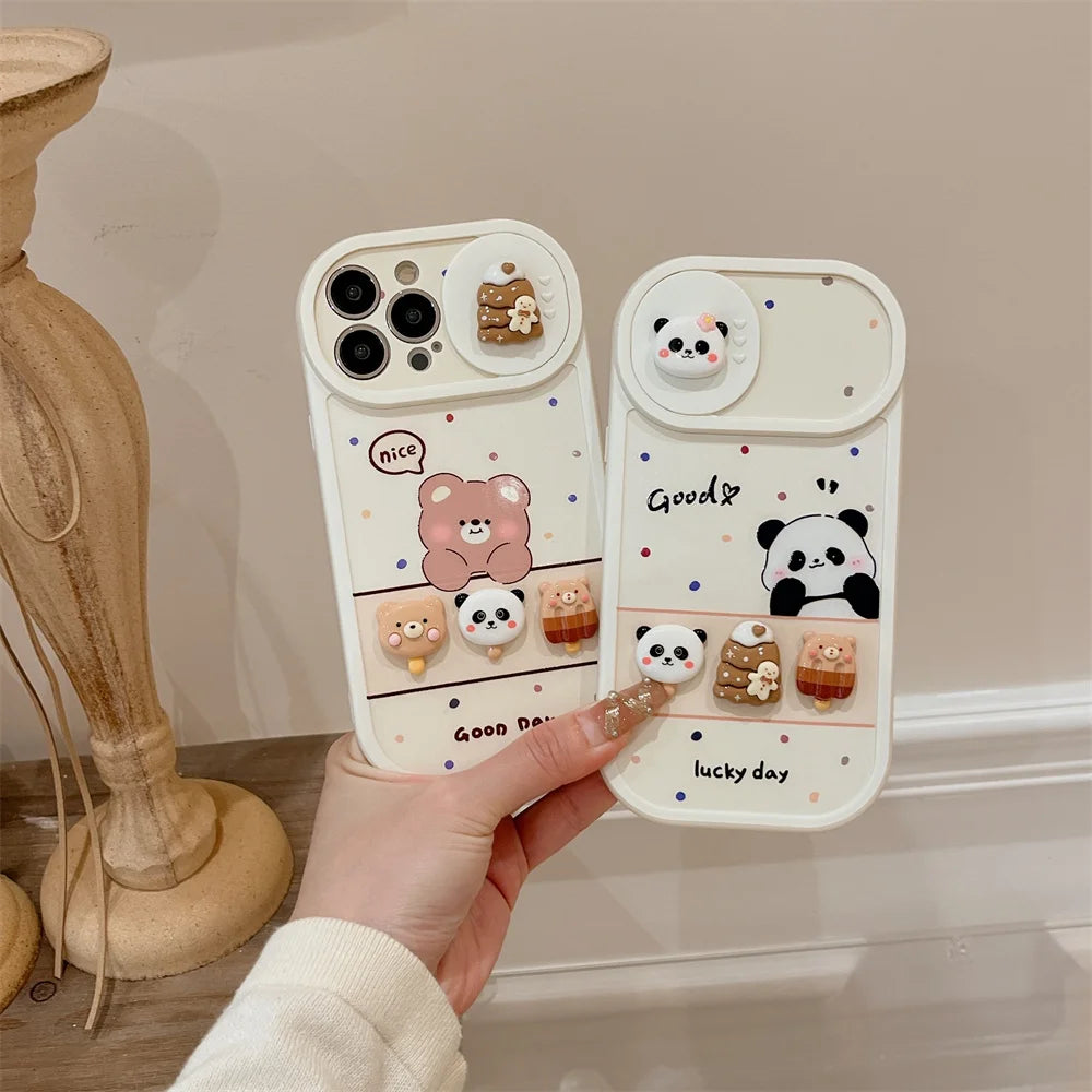 1PC Kawaii 3D Bear Panda Phone Case For iPhone with Slide Camera Lens Cover
