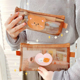 1PC Kawaii Bear Brown Mesh Pencil Case