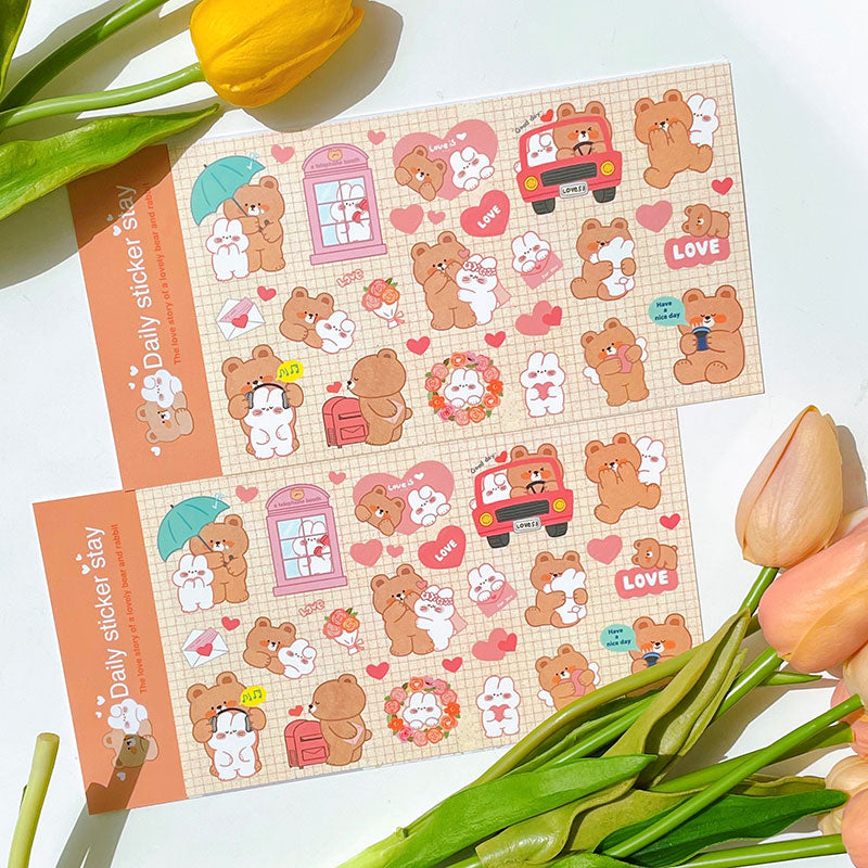 1PC Kawaii Rabbit Bear Happy Couple Journal Stickers